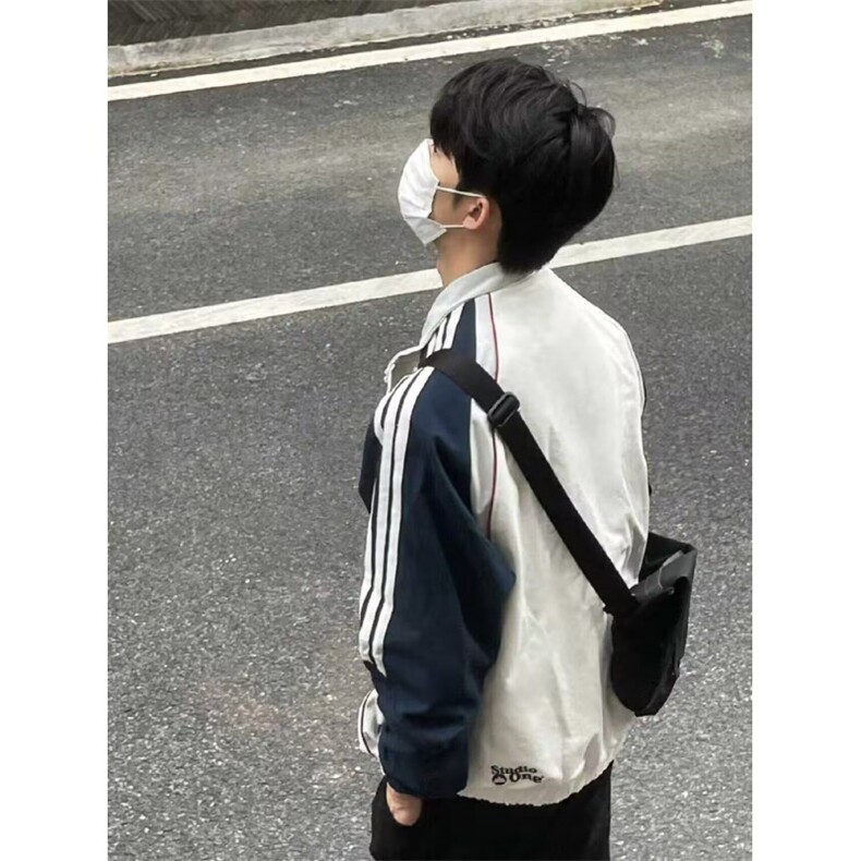 W10206-P55网图现货春秋山系潮牌条纹拼接休闲外套高街撞色夹克,男装夹克,星座1608