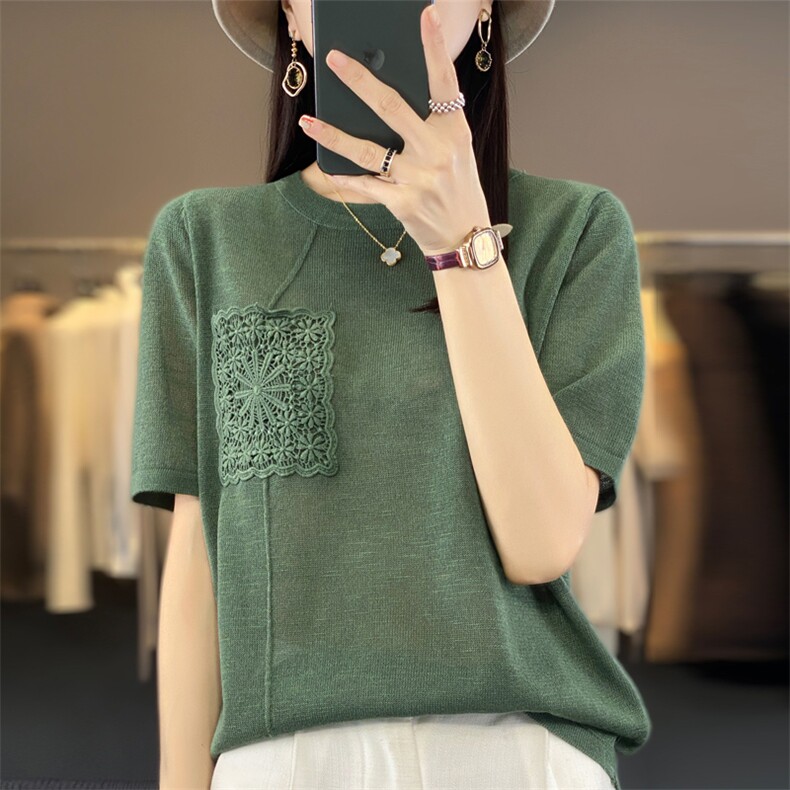 竹节棉t恤女夏季小衫宽松棉麻短袖针织衫女薄款遮肚显瘦刺绣上衣,针织衫/毛衣,大美人包芯纱店