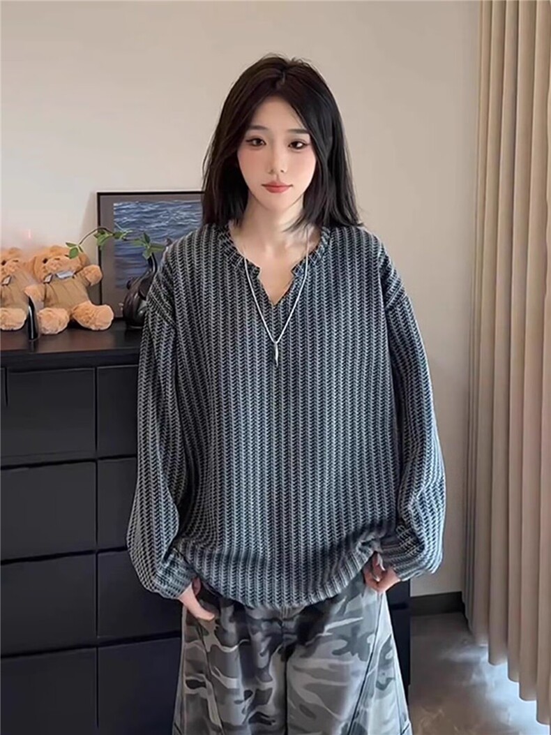 鱼骨纹针织polo衫卫衣男春秋重磅美式cleanfit潮流宽松V领打底衫,男装T恤,星座1008