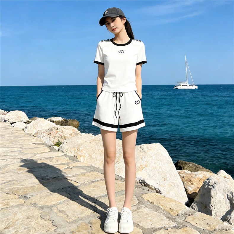 女夏季新款跑步休闲服套装时尚洋气宽松减龄圆领短袖阔腿裤两件套,女装套装/套裙,江南