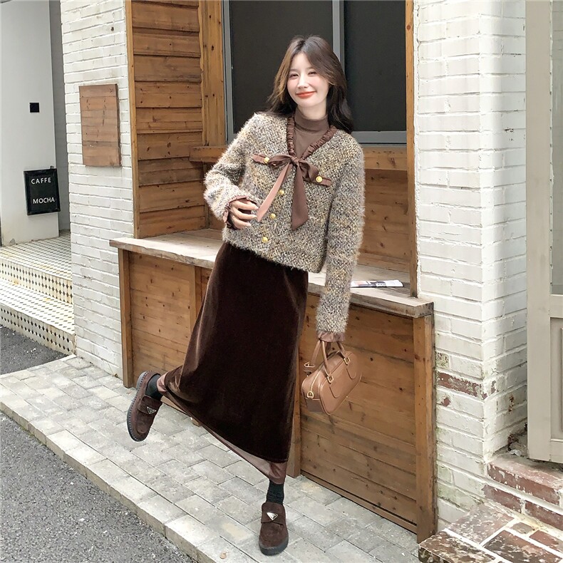 现货2D078-T1969-P195K278小香风外套+丝绒半裙2件套,女装套装/套裙,2D078