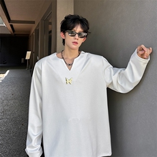 现货小V领个性蝴蝶金属装饰简约美式潮男长袖T恤A071-3303-P48，男装T恤，电商A071