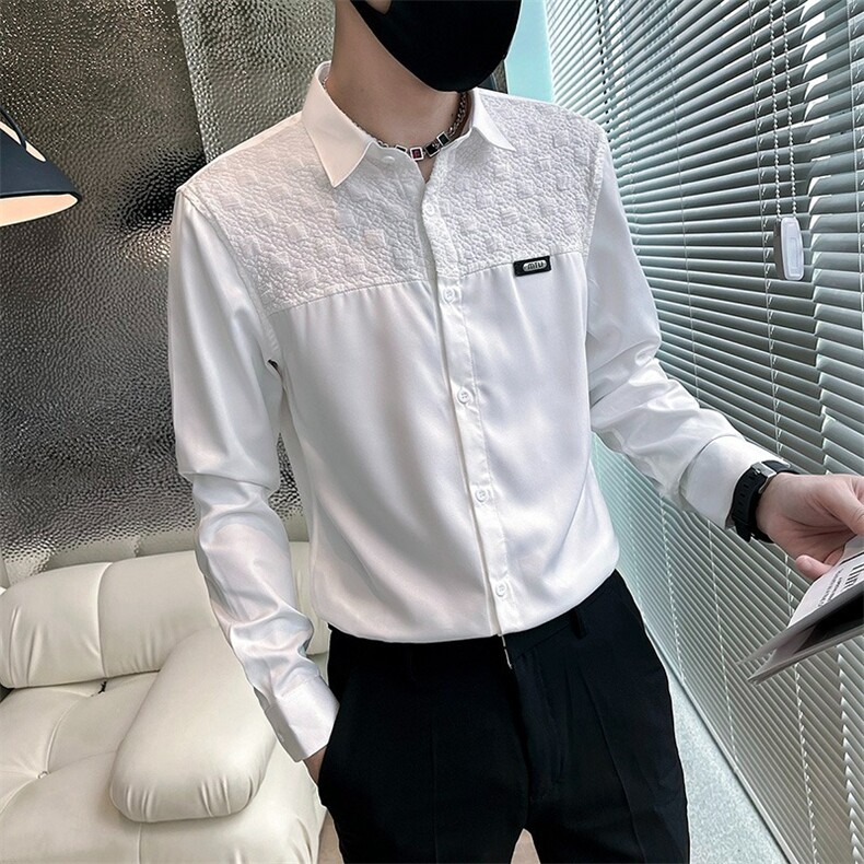 春秋发型师男装长袖拼接休闲衬衫男网红同款修身帅气衬衣CA615,男装衬衫,星座1116A（原606A-3）