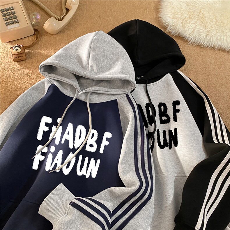 高品质！全棉重磅400克三条杠撞色印花连帽卫衣RH1213 p63控98图片