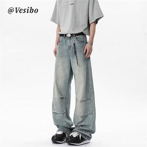 高街水洗褶皱弯刀牛仔裤男美式宽松设计感直筒阔腿裤N7090-P55图片