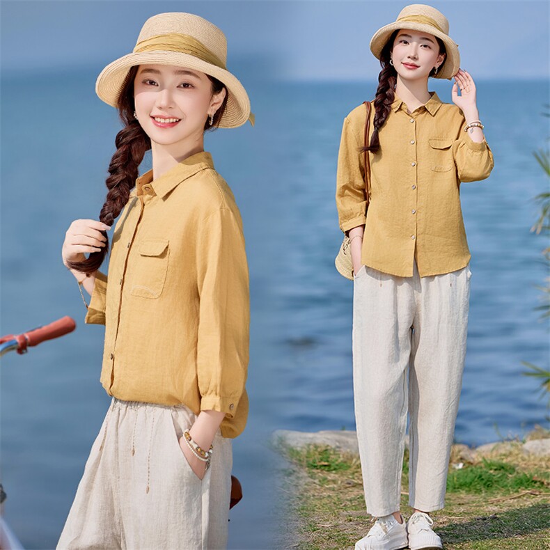 棉麻衬衫女2025夏季新款中年妈妈休闲宽松时尚洋气亚麻七分袖上衣,女装衬衫,涵誉