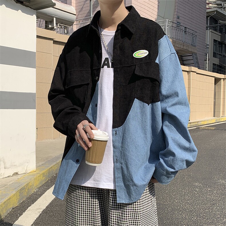 牛仔拼接衬衫设计感小众上衣2023新款春秋宽松衬衣ins潮W2105-P40图片