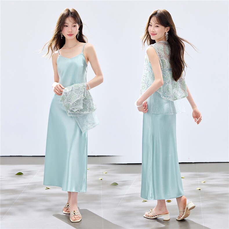夏季新款现货！2026小清新重工盘花珍珠亮片马甲+珍珠缎面长裙女,女装套装/套裙,央宝儿