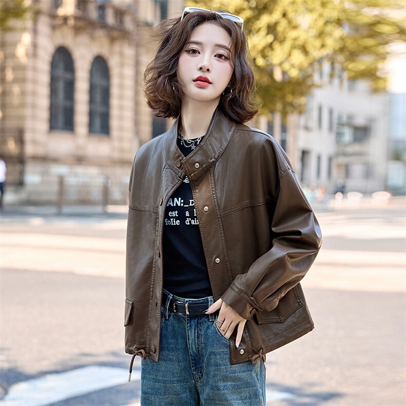 皮衣女短款2025春秋新款时尚休闲百搭真皮皮衣外套立领夹克上衣女,女装皮衣,臻衣坊