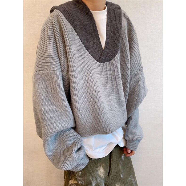 大码韩系V领针织衫外套男秋冬新款慵懒风痞帅撞色连帽毛衣，男装针织衫/毛衣，星座613