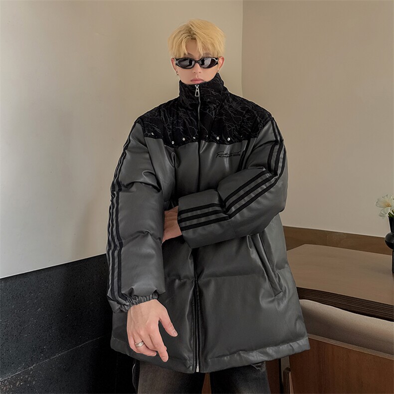 PU皮棉服冬季宽松港风棉衣立领冬装棉袄外套男MY249-特P105控168图片