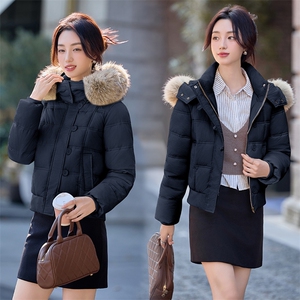 现货秒发2025冬装加厚连帽韩版学院风保暖棉衣棉服外套配仿毛领图片