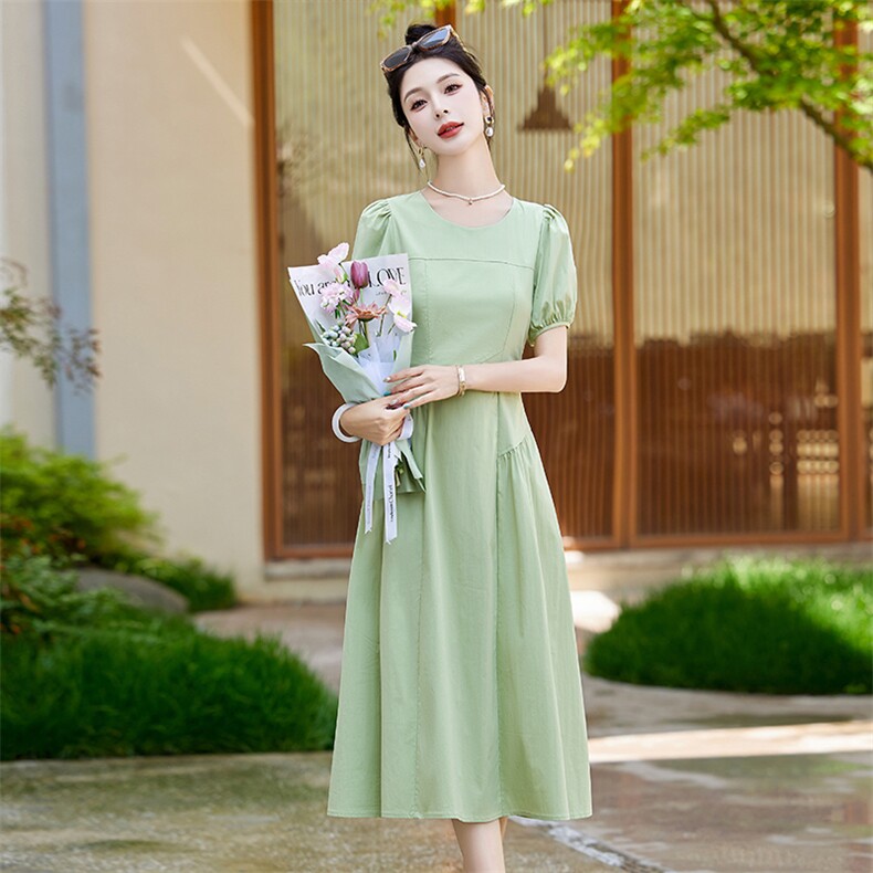 清新绿色纯棉连衣裙女2025夏季新款泡泡袖褶皱收腰显瘦气质长裙子,女装连衣裙,盈茜