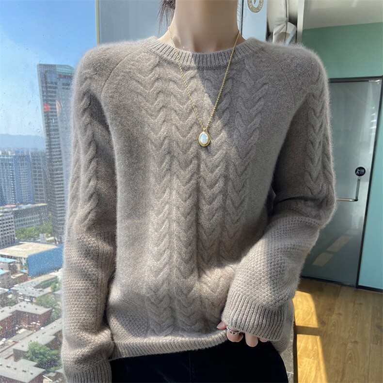 秋冬新款100%纯羊毛衫女圆领麻花打底毛衣宽松慵懒加厚羊绒针织衫图片