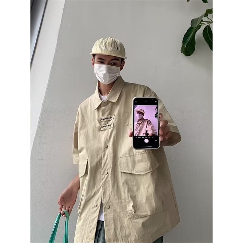 夏季短袖衬衫男女宽松潮流半袖上衣韩版衬衣美式工装休闲外套图片