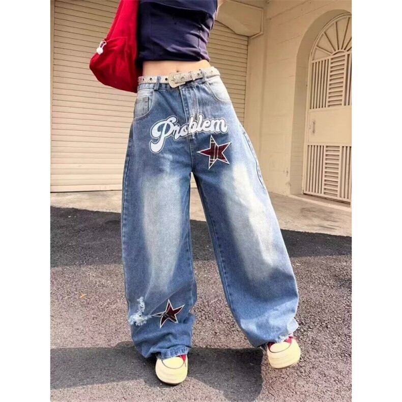 美式复古辣妹星星刺绣阔腿弯刀牛仔裤女宽松显瘦直筒拖地裤，男装牛仔裤，星座506A
