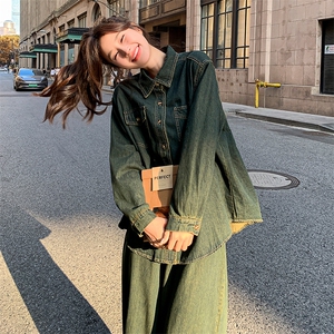 洋气港风牛仔套装女2025春秋新款流行爆款炸街衬衫阔腿裤两件套图片