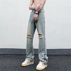 B221美式ins高街暗黑小众拉链破洞牛仔裤LK23076-P65控88，男装牛仔裤，电商B221