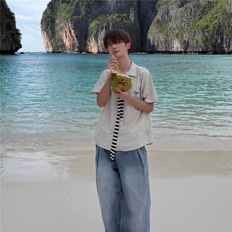 1506/QB3360/P49夏威夷风短袖衬衫男女沙滩椰树夏季宽松衬衣,男装T恤,星座1506