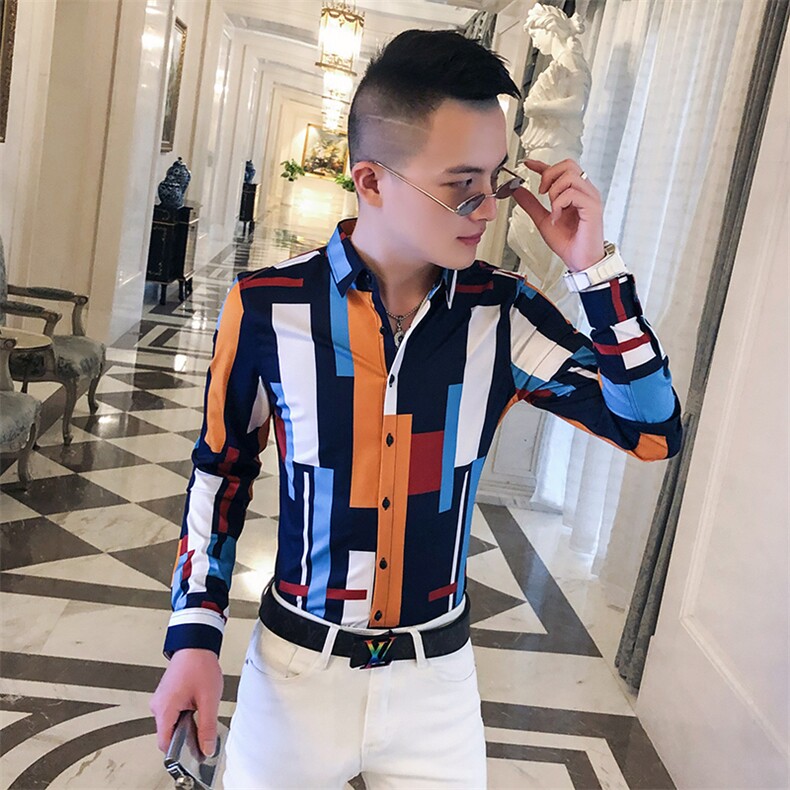 2021春秋衬衫社会男长袖上衣印花男装韩版修身四季潮流衬衣Q620-P55图片