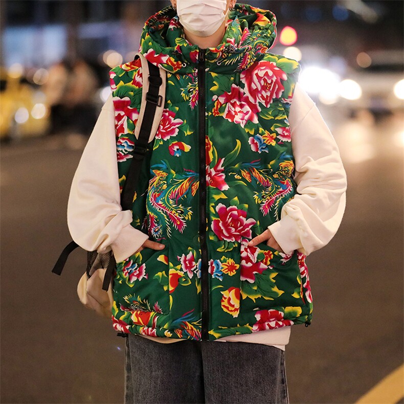 M4风东北大花棉马甲外套大码宽松秋冬汉服外衣坎肩背心连帽,女装马甲,星座115A(原星座507）