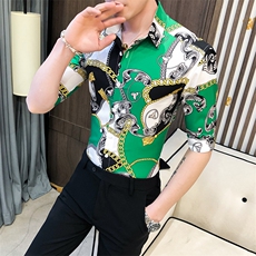 242-P552025夏季个性修身中袖衬衫韩版时尚拼色印花衬衣，男装衬衫，星座312A-5