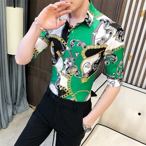 242-P55  2025夏季个性修身中袖衬衫韩版时尚拼色印花衬衣图片