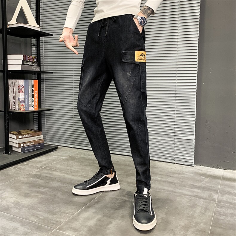 社会小伙个性拼接弹力牛仔裤男松紧腰修身小脚裤QT6027A-1948,男装牛仔裤,电商D218