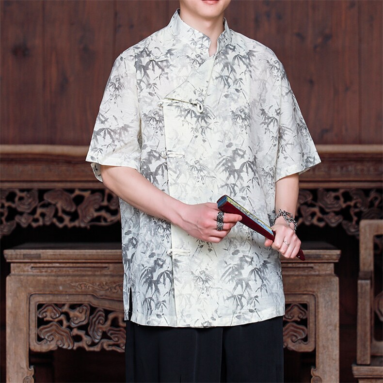 新中式现货衬衫2025夏季短袖棉麻竹叶上衣CS35-P65控89,男装T恤,电商A021