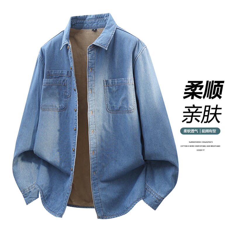 秋冬季新款(跨境货源）加绒长袖牛仔衬衫男宽松休闲外套图片