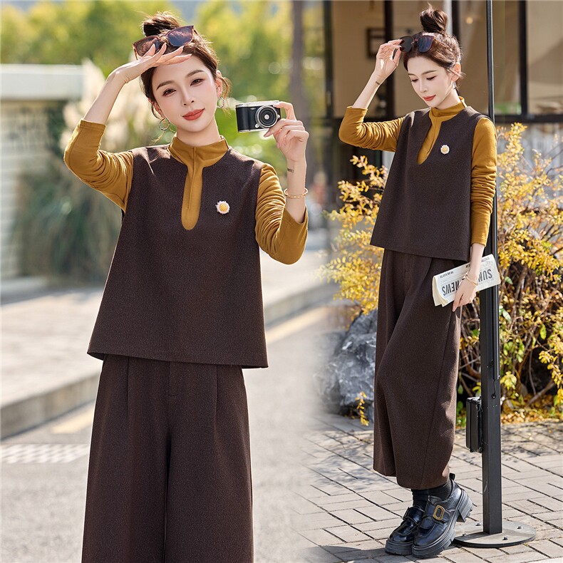 时尚休闲套装女2026春季新款轻奢风毛呢马甲时髦穿搭阔腿裤三件套，女装套装/套裙，悠米