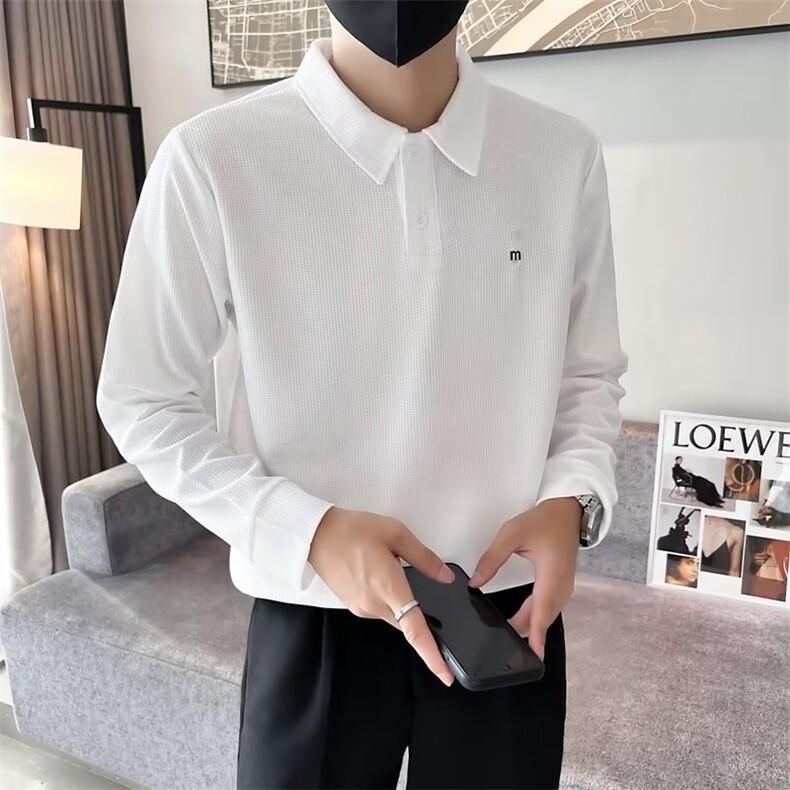 秋季华夫格长袖翻领衫男韩版修身套头卫衣纯色打底衫T恤T550-P35,男装T恤,星座1109-3