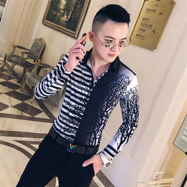 2021春秋衬衫社会男长袖上衣印花男装韩版修身四季潮流衬衣Q606-P55,男装衬衫,星座419（原A233）