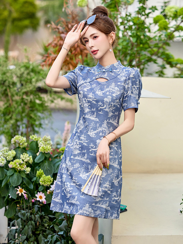新中式风连衣裙女夏改良旗袍2025年新款高端小个子修身短款裙子,女装连衣裙,依多米