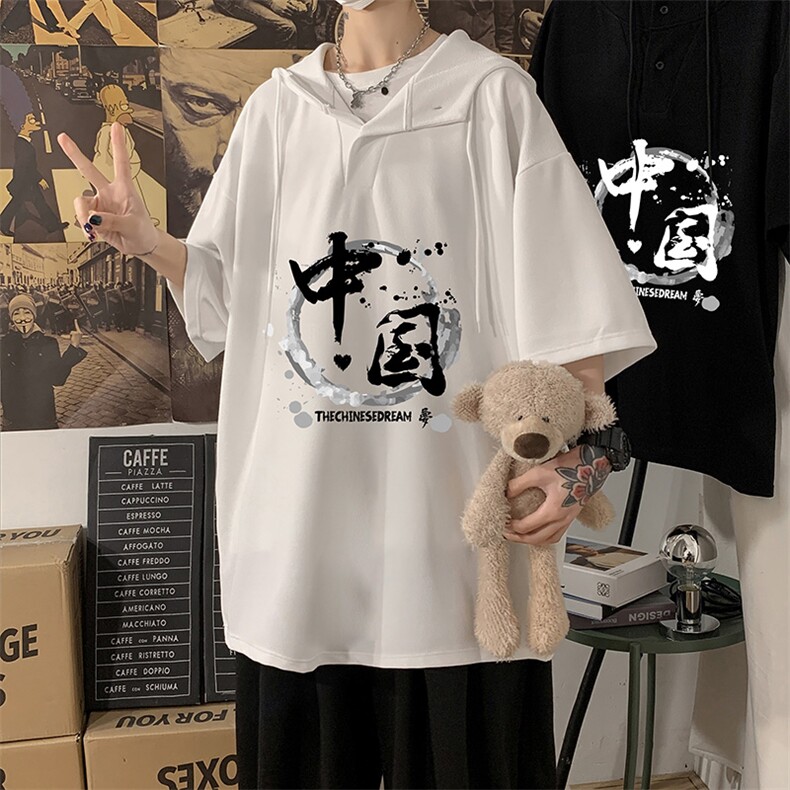 LD54134-P45NASA连帽短袖t恤男大码胖子带帽五分袖中袖,男装T恤,电商A040