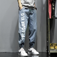 2021春季新款日系灰墙大码男字母印花束脚牛仔九分裤潮N8005-P50，男装牛仔裤，电商A001