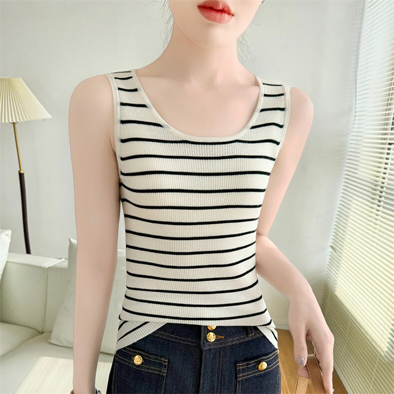 薄款透气精纺纯羊毛吊带背心女减龄修身显瘦打底2025春夏新款条纹，女装背心吊带，诚赞羊绒