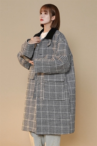 中性风 中长款呢大衣翻领宽松廓形格纹夹棉毛呢外套 G1038 P128女图片