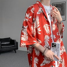 8XL-M冰丝凉感衬衣垂感透气复古花纹宽松男五分袖短袖衬衫CS526，男装T恤，电商D206-1