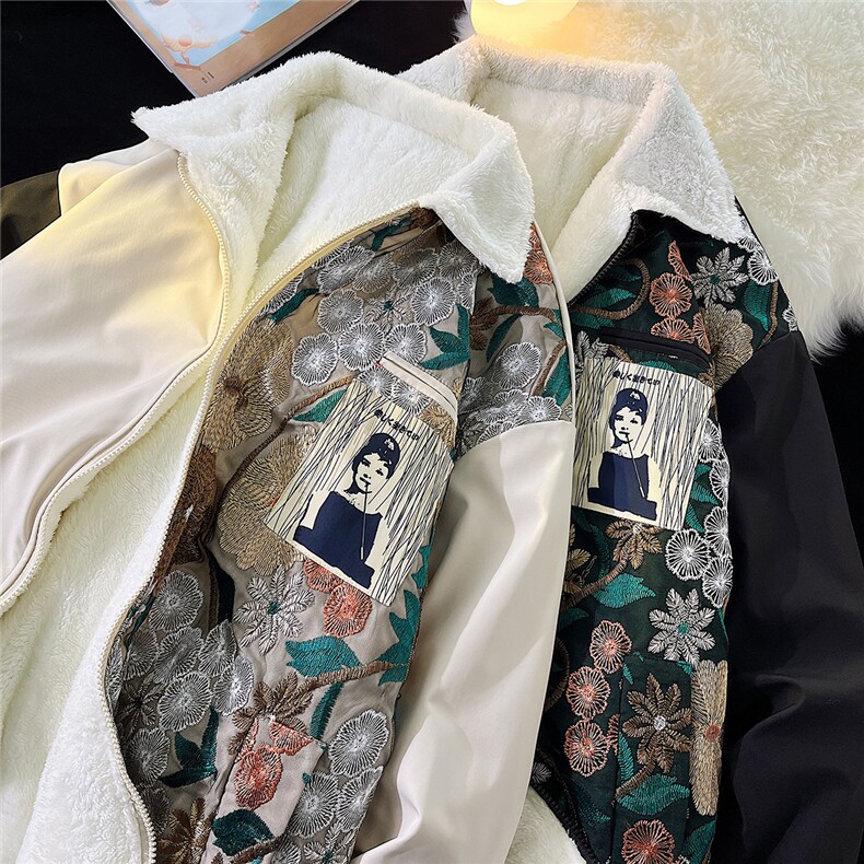 1港风平铺刺绣拼接翻领羊羔毛大码M-5XL棉衣外套男8723P110控148,男装棉衣,星座226-2