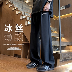 特批P25无差价夏季冰丝凉感字母刺绣直筒阔腿裤抽绳束脚长裤K1416图片