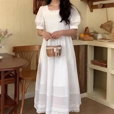 气质女神范方领蕾丝边连衣裙，女装连衣裙，L·H·X