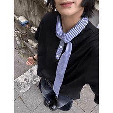 黑色领口格子拼接短袖女夏季正肩t恤美式情侣半袖CK24，男装T恤，星座1116A（原606A-3）