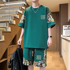 新中式国风时尚套装夏季男款潮牌高级感青少年刺绣短袖短裤两件套，男装休闲套装，电商A266