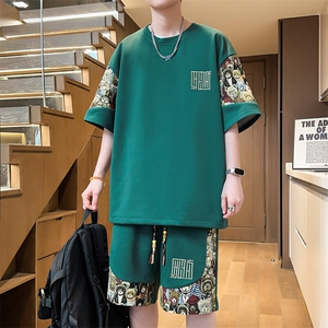 新中式国风时尚套装夏季男款潮牌高级感青少年刺绣短袖短裤两件套图片