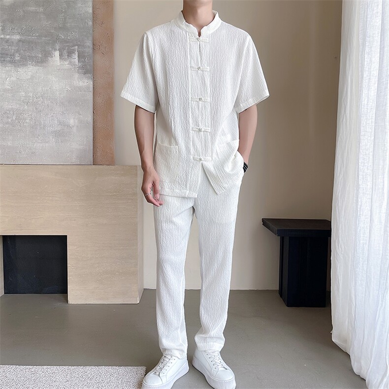 夏季新品泡泡条褶皱盘扣休闲运动套装风短袖T恤两件套TZ312图片