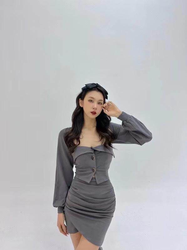 铁灰色修身性感套装，女装职业装，HE