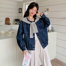 条纹披肩深色超火牛仔短外套女2025春季新款港味复古chic夹克上衣，女装短外套，帛锦泉