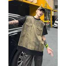 工装t恤扎染拼接牛仔慵懒风复古水洗做旧半袖设计感小众短袖夏季，男装T恤，星座506A