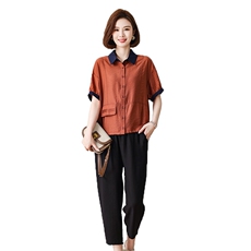 现货2023夏季气质文艺撞色小翻领百搭显瘦套装两件套，女装套装/套裙，深水步